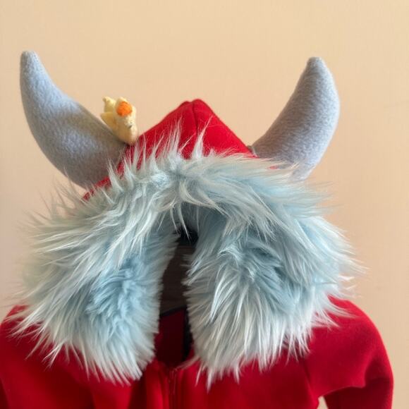 Red Hoodie Boys Girls Size 6 Whimsical Blue Horns Fur Bird Zip Up Handmade - Picture 6 of 10